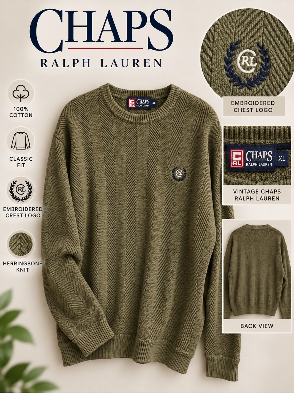 Vintage Chaps Ralph Lauren XL Olive Green Herringbone Cotton Crewneck Sweater